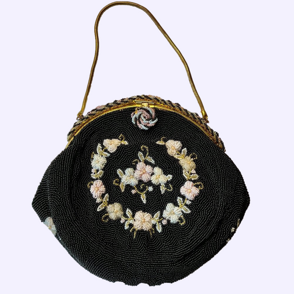 Hand Crafted Handbags - Vintage Purse, French Hand Made Floral Beaded   Black Evening Bag